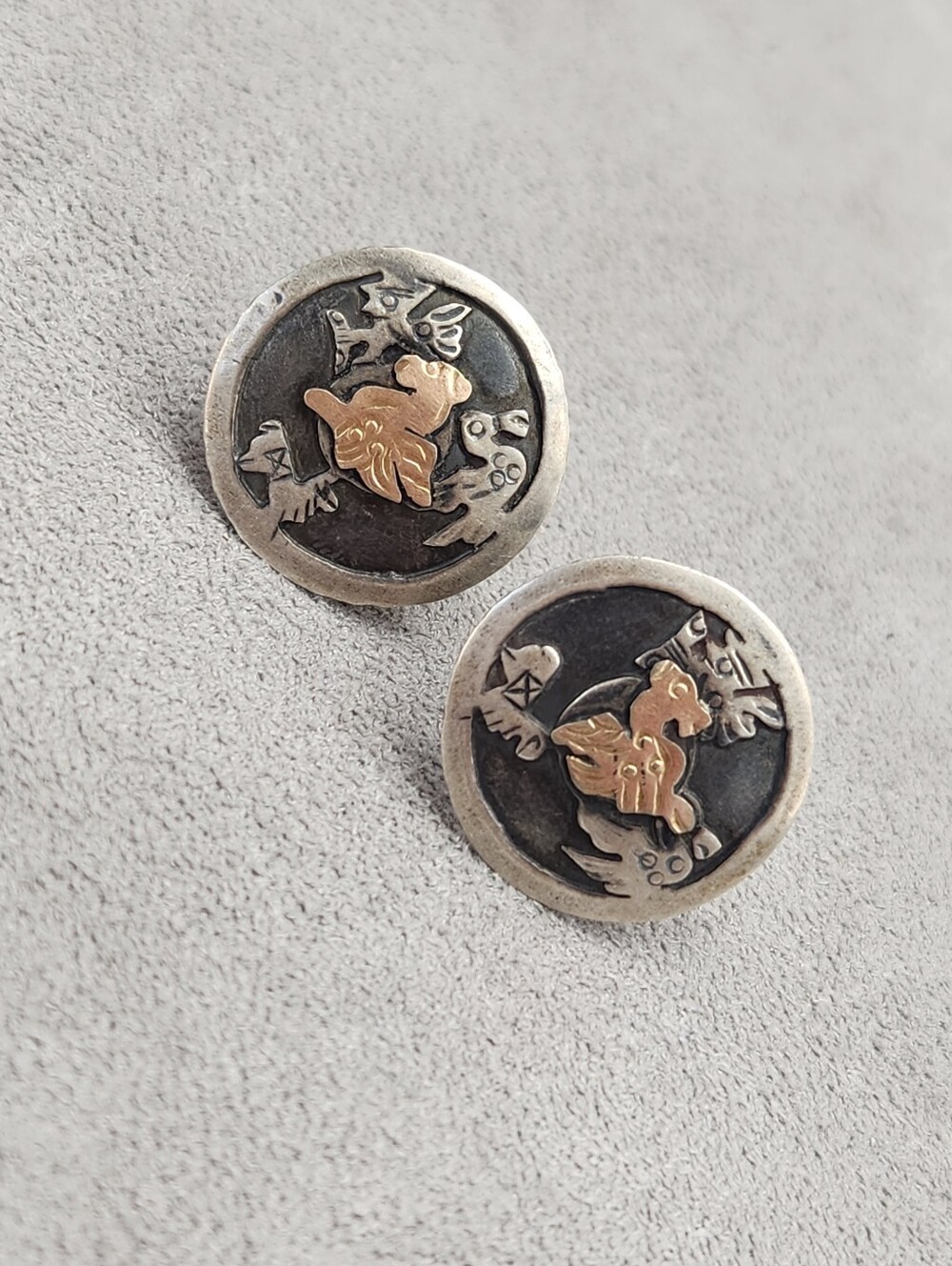 Vintage cufflinks men's sterling silver 925 gold 18k bullet back aztec warrier